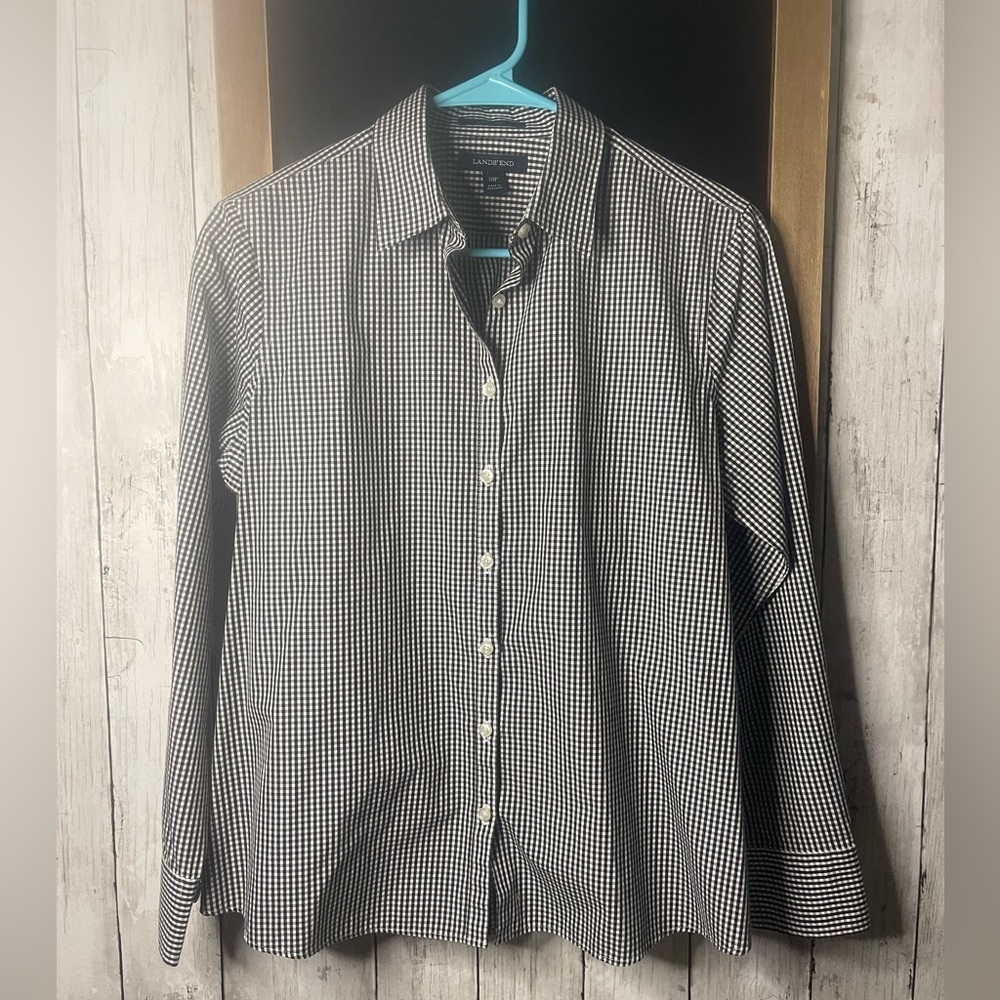 Lands' End Button Up Shirt Petite 10P Blk Wht Check Long Sleeve No Iron Supima